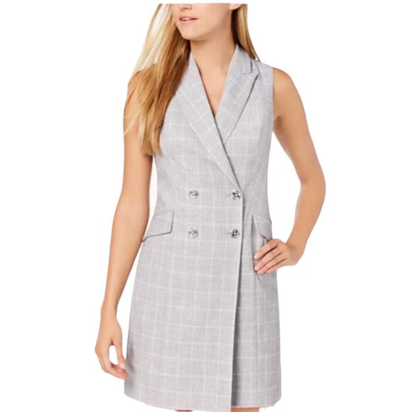 Calvin Klein Size 14 Women's Double Breasted Plaid Vest Coat Dress Gray Career